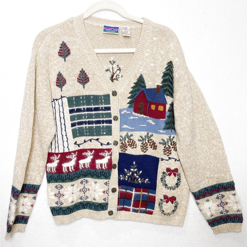 Vintage NorthCrest Thematic Holdiay Sweater Cabin Wreath Reindeer Snow Wreath